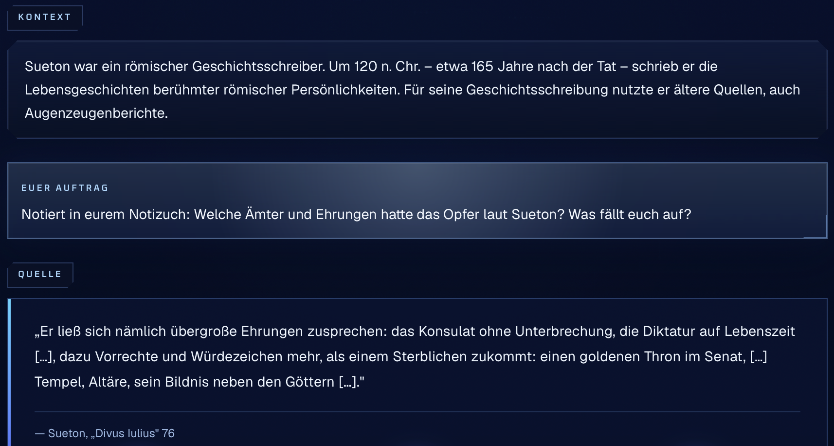 Kontext, Arbeitsauftrag und Quelle in der Schüleransicht