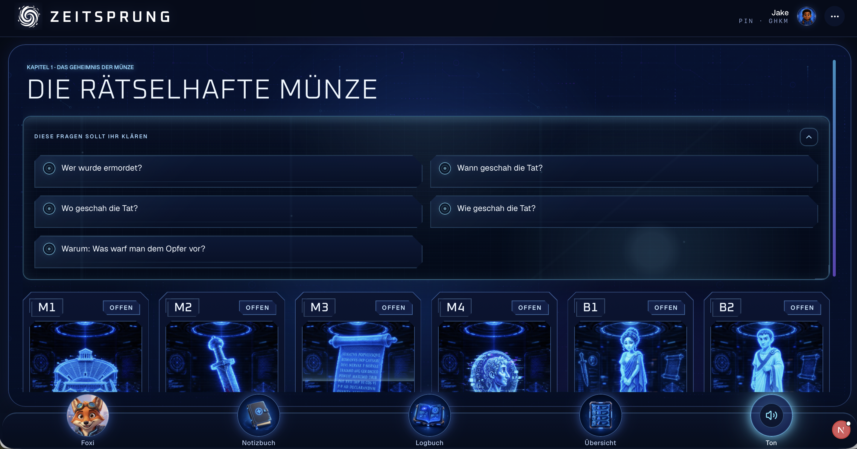 Spielübersicht des Caesar-Moduls mit Titel, Leitfragen, Materialkarten und unterer Navigation